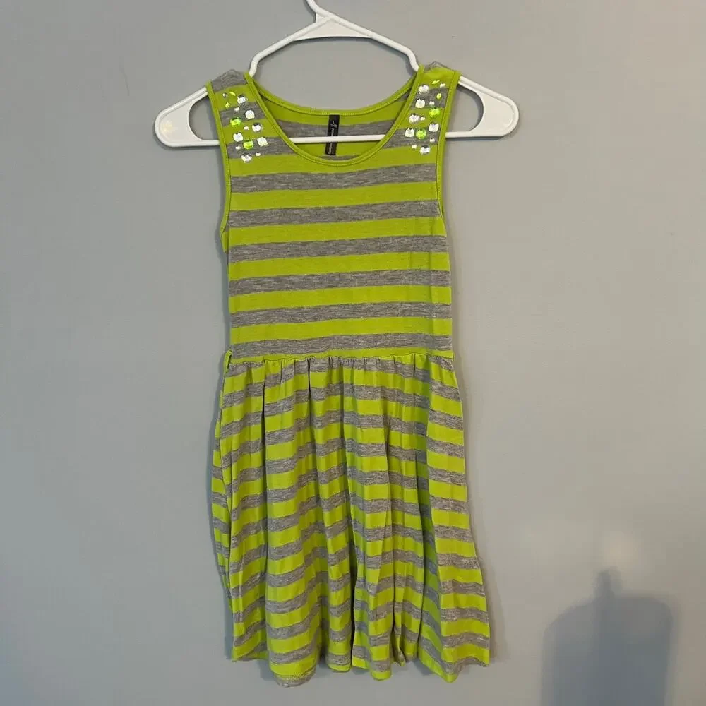 Velvet Butterfly Girls Striped Sleeveless Dress Size 10 / 12 Bright Green & Gray